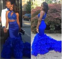 Wholesale 2019 Royal Blue Two Pieces Prom Dresses High Neck Beads Keyhole Lace Layered Mermaid Long Zipper Back Tulle Evening Party Gowns