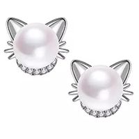 Wholesale Cute Silver Cat Pearl Stud Earrings for Girls