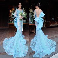 Wholesale Sky Light Blue Mermaid Lace Applliques Prom Dresses Long Sweep Train Sexy Backless With Big Bow Formal Evening Party Dresses SP338
