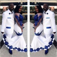Wholesale New White Satin Royal Blue Lace Aso Ebi African Dresses Long Illusion Sleeves Applique Formal Gowns Pageant Wedding Dress