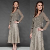 Wholesale New Hot Plus Size Modern Gray Mother off bride dresses Scoop Neck Sequins Beaded With Jacket Chiffon Tea Length Wedding Guest Mothers Dress