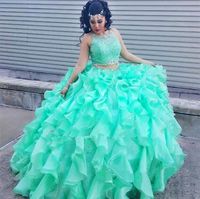 Wholesale 2020 Mint Green Ball Gown Quinceanera Dresses Sequin Lace Two Pieces Prom Dresses Jewel Neck Sweet Dress Long Formal Evening Wear BC4145