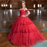 Wholesale Elegant Red High End Lace Ball Gown Quinceanera Prom dresses Sequins Applique Tulle Off the shoulder Formal Party Sweet Dress