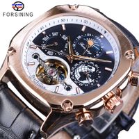 Wholesale Forsining Luxury Golden Mechanical Mens Watches Square Automatic Moonphase Tourbillon Date Genuine Leather Band Watch Clock Gift