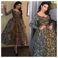 Wholesale 2020 Sexy Elegant Women Formal Gala Cocktail Dresses Plus Size Arabic Muslim Gold Long Sleeve Short Evening Prom Dresses Gown