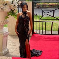 Wholesale Newest Black Side Split Mermaid Evening Dresses Halter Sleeveless Sequined Appliques Illusion Top Prom Gown Sweep Train Red Carpet Dress