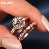 Wholesale 2Pcs Set White Pink Stone Crystal Rings For Women Gold Color Wedding Engagement Rings Jewelry Dropship Bagues Pour