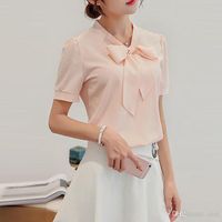 Wholesale New Spring Summer Blouse Women Long Sleeve Shirts Fashion Leisure Chiffon Shirt Bow Office Ladies Pink White Tops XFS23