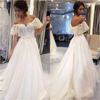 Wholesale 2020 Elegant Boho Wedding Dresses Gypsy Fitted Off Shoulder Tulle Beach Bohemian Wedding Dress With Appliques robe de soiree