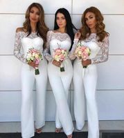 Wholesale Off Shoulder Lace Jumpsuit Bridesmaid Dresses White Chiffon Pants Suits Long Sleeves Maid of Honor Gown Custom Made Plus Size