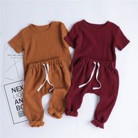 Wholesale INS Summer Fall Toddler Kids Baby Boys Girls Clothing Sets Organic Linen Cotton Short Sleeve Blank Tees Straps Pants pieces