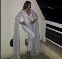 Wholesale 2019 New Evening dress Yousef aljasmi Kim kardashian Jumpsuit Long Sleeve V Neck Sequined Silver Zuhair murad Prom Gowns Custom