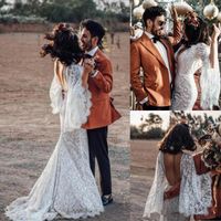 Wholesale Mermaid Rustic Lace Wedding Dresses Sexy Backless Long Batwing Sleeve Bohemian Style Beach Boho Bridal Gowns Country Bride Dress