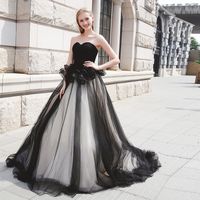 Wholesale Modern Sweetheart Tulle Black and White Wedding Dress A Line Ruffled Waist Gothic Wedding Dresses Zipper Up Back Discount Bridal Gowns