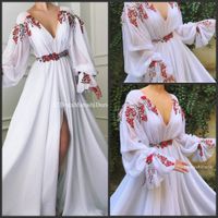 Wholesale 2019 New Spring White Chiffon V Neck Cheap Long Sleeve Evening Dresses Front Split Formal Evening Gowns Sleeves Plus Size Prom Dresses