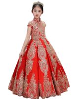 Wholesale Customized Pretty Red Satin Applique Beads Little Girls Pageant Dresses Gold Lace Flower Girl Dresses Long Kids Princess Party Gown