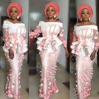 Wholesale Pastel Pink and White Mermaid Evening Gowns Illusion Ruffles Bodice Aso Ebi Party Dress D Appliqued Long Sleeve Prom Gowns