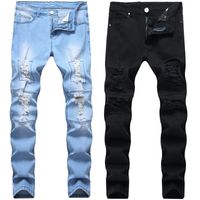Wholesale Mens Washed Worn Out Jeans Fashion Denim Pants Elastic Small Straight Tube Tight Fit Youth Fashion Male Pants Jeans
