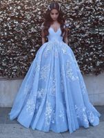 Wholesale 2020 Beautiful Sky Blue Arabic Dubai V neck Wedding Dress Special Occasion Dresses A Line Cap Sleeve Lace Appliques Long Wedding Gowns