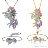 Wholesale Unicorn Valentine s Day Necklace Colorful Pony Diamond Crystal Gold Silver Chains Pendant Adjustable Bracelets Jewelry Sets