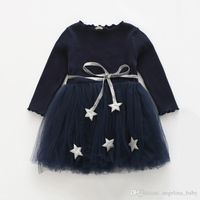 Wholesale Baby Girls Long Sleeve Dress Cute Star Knitted Patchwork Gauze Dresses New Spring Autumn Fashion kids Dress Colors