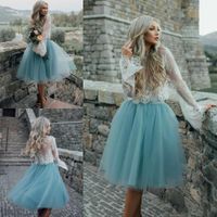 Wholesale 2019 Summer Beach Bohemian Bridesmaid Dresses Long Sleeve Lace Blue Tulle two Pieces Custom Made Maid Of Honor Wedding Party Guest Gowns