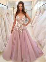Wholesale 3D Lace Appliqued Flower Prom Dresses Long Sexy Deep V Neckline Formal Evening Gowns Cocktail Party Ball Dress