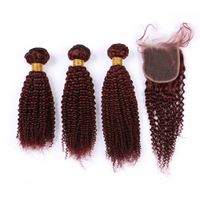 Wholesale J Burgundy Red Hair Bundles and Closure Kinky Curly Lace Closure with Weaves Wine Red Malaysian Curly Human Hair Extensions with Closure