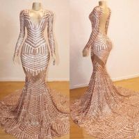 Wholesale Rose Gold Long Sleeves Real Images Sequin Prom Dresses V Neck Mermaid See Through Backless Sweep Train Evening Gowns BC0841