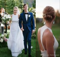 Wholesale 2019 Plain Simple Satin Backless Summer Wedding Dress Modern Sheath Halter Neck Long Western Garden Beach Bridal Gown Custom Made Plus Size