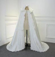 Wholesale 2019 new Floor Length Women Ivory Faux Fur Trim Winter Christmas Bridal Cape with lace Stunning Wedding Cloaks Hooded Long Party Wraps