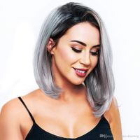 Black Roots Ombre Grey Short Bob Straight Lace Front Wigs For Women Glueless Synthetic Hair Lace Wigs With Side Part 14inch
