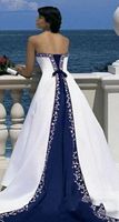 Wholesale New A Line Royal Bandage Women Embroidery Vintage Beach Bridal Gown Court Train Elegant Wedding Gowns White And Blue Satin Wedding Dresses