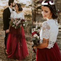 Wholesale Bohemian Two Pieces Wedding Dresses Lace Top Jewel Neck Wine Red Tutu Skirt Boho Bridal Gown Appliqued Sexy Wedding Dresses
