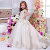 Wholesale Cheap Flower Girls Dresses For Weddings Illusion Neck Lace White Ivory Sashes Ruffles Party Princess Children Kids Party Birthday Gowns OP02