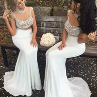 Wholesale Sexy White Mermaid Formal Evening Dresses Pearls Backless Plus Size Prom Dress Beading Party Wear See Through Maxi Gown