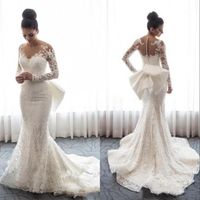 Wholesale 2022 Lace Mermaid Wedding Dresses Sheer Long Sleeves Appliques Saudi Arabic With Attachable Train Plus Size Wedding Bridal Dresses BC0093