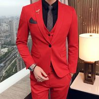 Wholesale Wedding Tuxedos Red Evening Party Men Suits Fashion Peaked Lapel Trim Fit Custom Made Three Piece Set Jacket Pants Vest