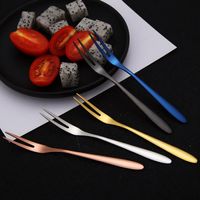 Wholesale Stainless Steel Fruit Fork Two tine Dessert Cake Scraper Salad Two tine Fork Tableware Dinnerware Cutlery Kitchen Supply Bar tool Colors