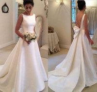 Wholesale Unique Design A Line Backless Bow Back Sexy Church Wedding Dresses Sweep Train Ivory Taffeta Popular Bridal Gowns