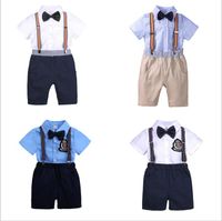 Wholesale Baby Clothes Boys Summer Cotton Clothing Sets Gentleman Bowtie Suspender Shorts Shirts Suits Fashion Casual Outfits Four Piece Suit B4359