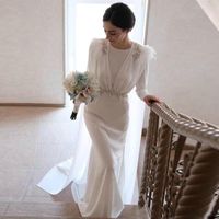 Wholesale Vintage Long Sleeves Wedding Dresses With Cape Feathers Beads Sash Mermaid Bridal Dress vestido Covered Buttons saudi arabia wedding gowns