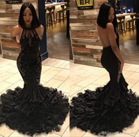 Wholesale 2020 Afrcain Black Halter Lace Mermaid Long Prom Dresses Illusion Tulle Applique Beaded Feather Layers BC1273