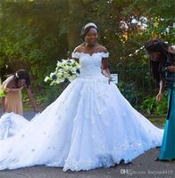 Wholesale African A Line Wedding Dresses Off Shoulder Lace Appliques Beaded D Floral Country Cathedral Train Black Girl Plus Size Bridal Gowns