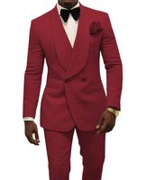 Wholesale 2021 Shawl Lapel Wedding Tuxedos Groom Wear Suits Burgundy Groomsmen Slim Fit Formal Dinner Business Suits Men Attire Jacket Pants Bow