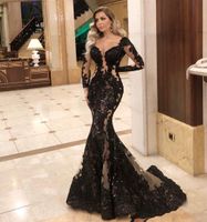 Wholesale 2020 Arabic Aso Ebi Black Lace Beaded Evening Dresses Mermaid Long Sleeves Prom Dresses Sexy Formal Party Second Reception Gowns ZJ256