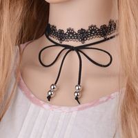 Wholesale Elegant Sexy Black Lace Choker Faux Suede Tie Bow Gothic Choker Beaded Double Wrap Chokers New Necklace Jewelry for Women N849
