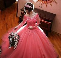 Wholesale Romantic Coral Lace Long Sleeves Quinceanera Prom dresses Ball Gown Tulle V neck Illusion Designer Pleated Hollow Back Sweet Dress