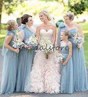 Wholesale Dusty Blue One Shoulder Bridesmaid Dresses Full length Tulle Junior maid of honor dress With Beaded Sash Cheap Country Wedding Guest Gowns