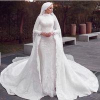 Wholesale Modest Muslim Mermaid Wedding Dresses with Detachable Train Lace Appliques Overskirt Bridal Gowns Hijab Court Train Vintage Robes De Mariée